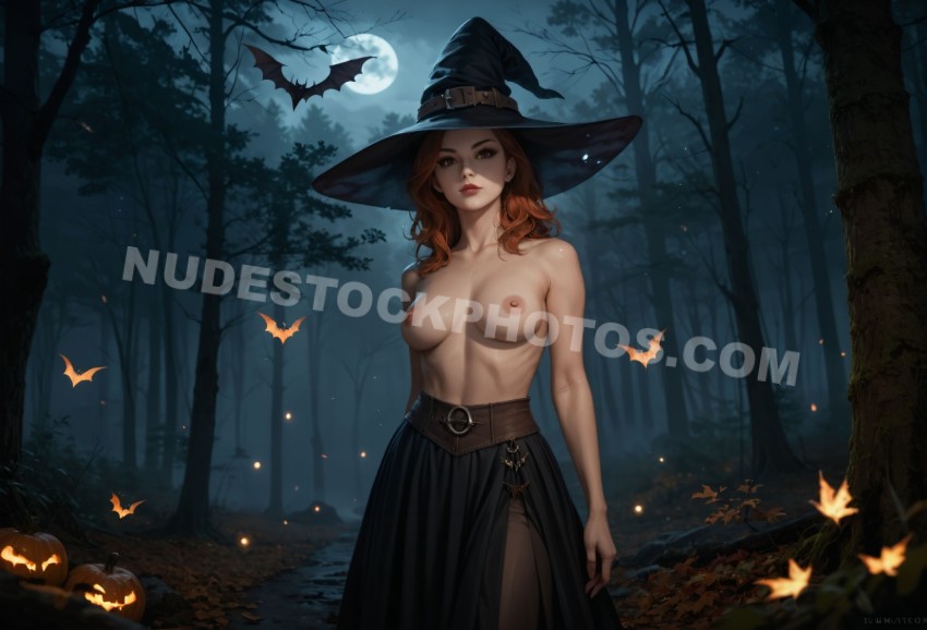 Topless Witch in Dark Forest Halloween Scene