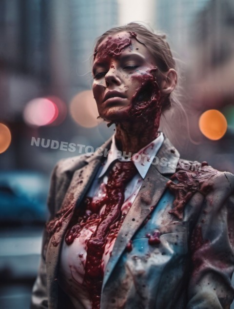 Zombie woman in bloodied suit on city street