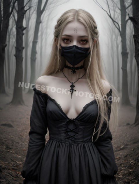 Gothic Woman in Dark Forest Wearing Mask