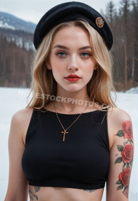 Icelandic woman in black beret with tattoo