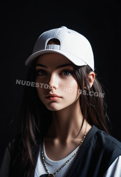 Young Woman in White Cap with Dark Background