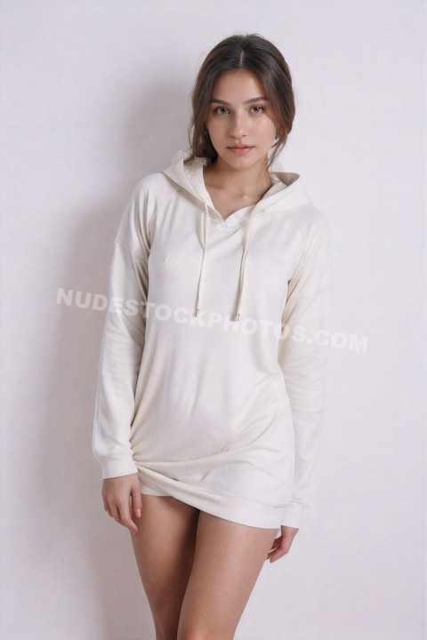 Young woman in oversized white hoodie