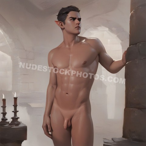 Nude male elf standing in stone medieval setting