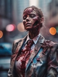 Zombie woman in bloodied suit on city street